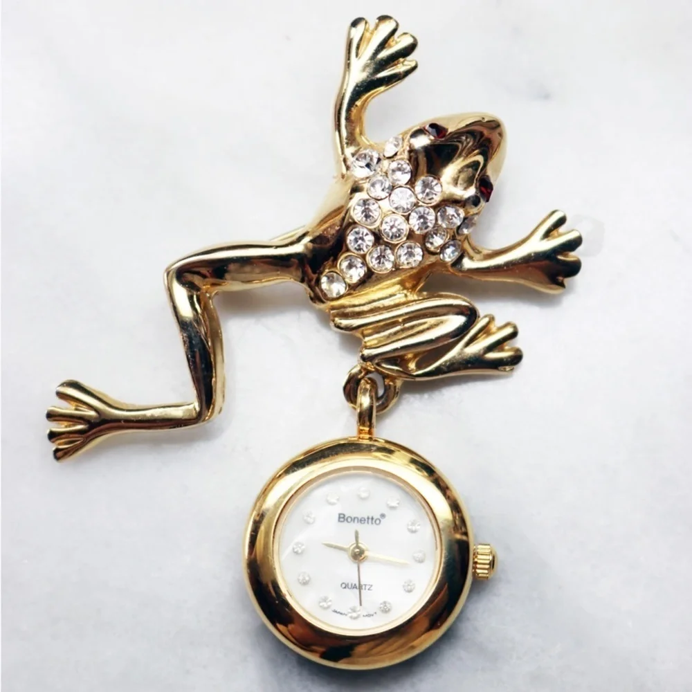 Vintage Bonetto Crystal Frog Watch Brooch
